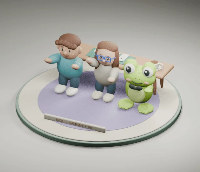Three stylised figures dance on a round stage beside a card table. The personal-name plaque remains visible.