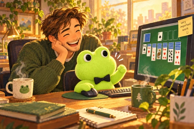 A person and a lime-green frog in a black bow tie share a sunny desk with a solitaire game on the monitor.