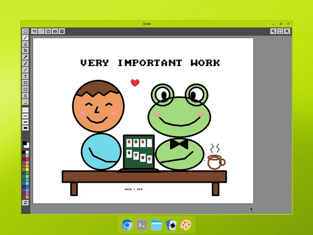A drawing-app screenshot shows a smiling person and green frog at a card table, beneath the words Very Important Work. A personal-name inscription remains below the table.